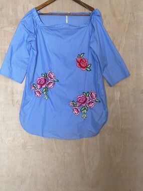 grand & greene Blue Striped Blouse with Pink Floral Embroidery